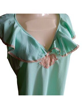 True Vintage Nightie Top Medium Mint Green Sleeveless W/ Ruffle Collar Pink Lace